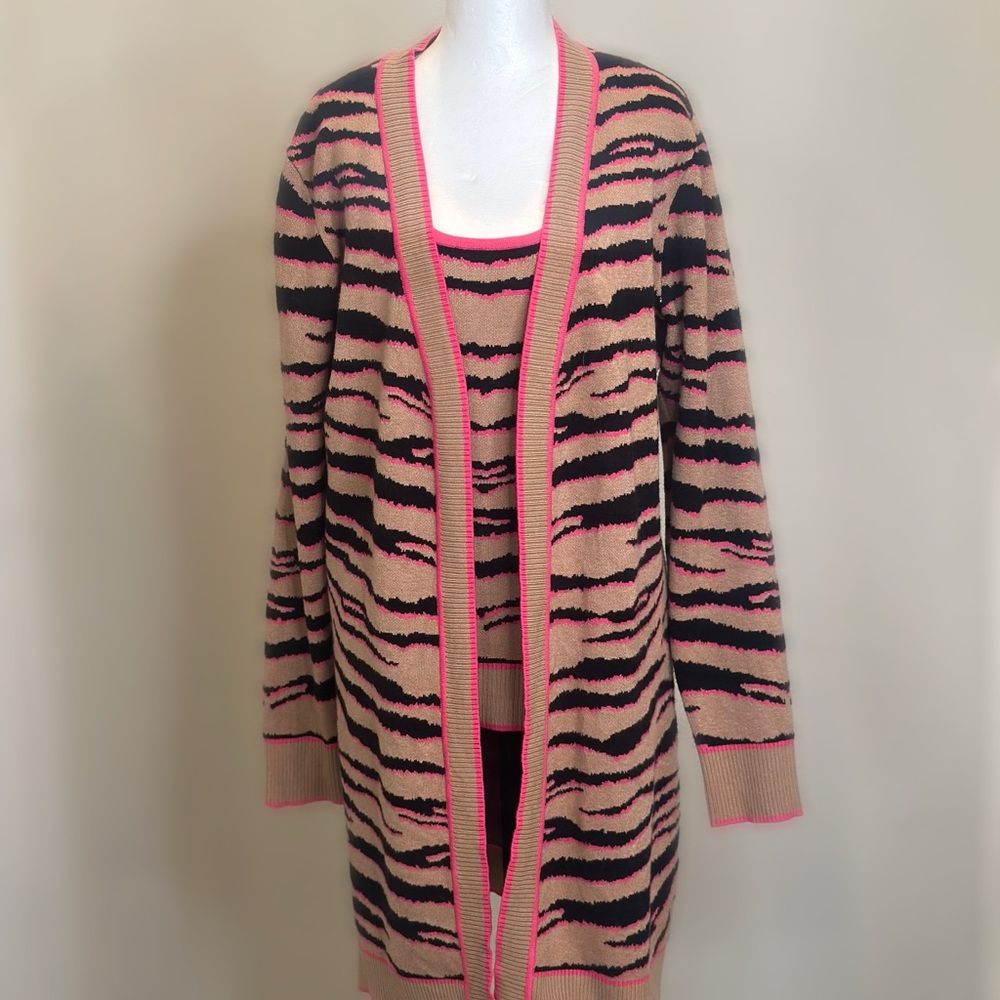 VENUS Black and Pink Animal Print Cardigan Sweater